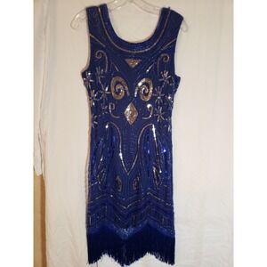 Women's Blue Sequined Fringed Sleeveless Dress Size M